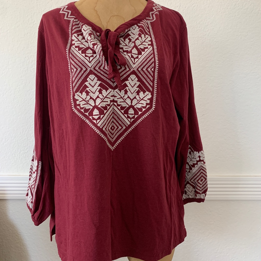 J.Crew 3/4 Sleeve Embroidered Tie-Neck T